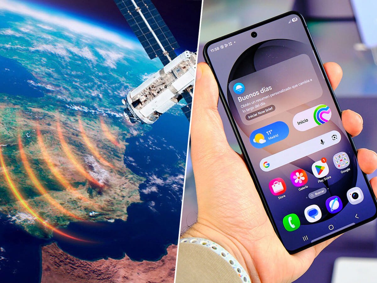 Celular conectando con satelite en el cielo